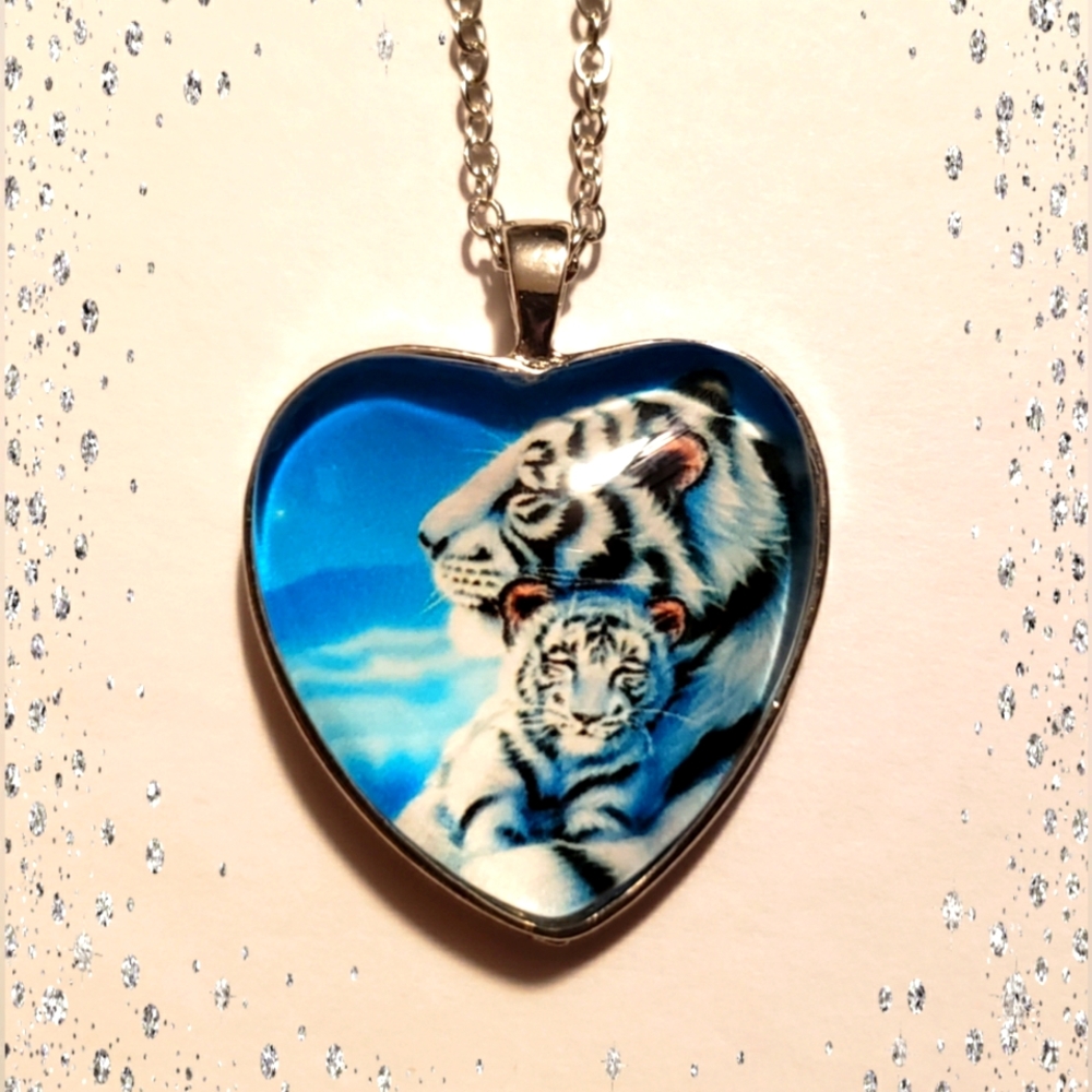 White Tiger Mom & Child Heart Necklace